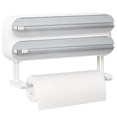 Image of Magnetic Cling Film Dispenser and Cutter Advanced 3 in 1 Wall Mounted Kitchen Roll Holder, Quasziwa Refillable Wrap &amp; Aluminium Foil with Paper Towel Holder Fits 12&quot; Roll, White