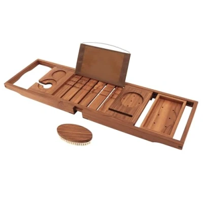 Image of Teak Bath Tray, Expandable Bamboo Caddy with Ipad &amp; Phone Holder, Wine Glass, Book, Tablet, Extendable/Adjustable Bridge Luxury Wood Bathtub Tray A Free Body Brush