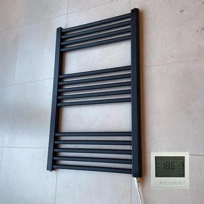 Image of Greened House 400w x 800h Black Electric Straight Heated Bathroom Towel Rail + Timer and Room Thermostat