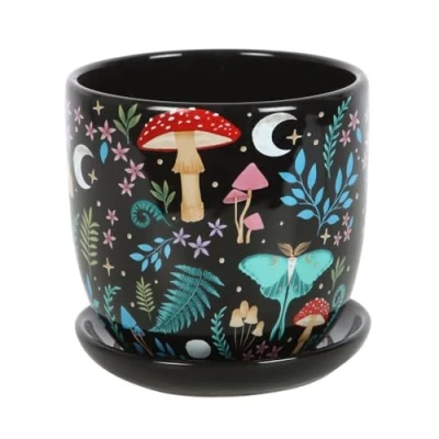 Image of Stunning Dark Forest Print Plant Pot: Flora and Fauna Inspired Design Showcase Your Plants in Style Vibrant Pot with Moon Star Accents&quot;