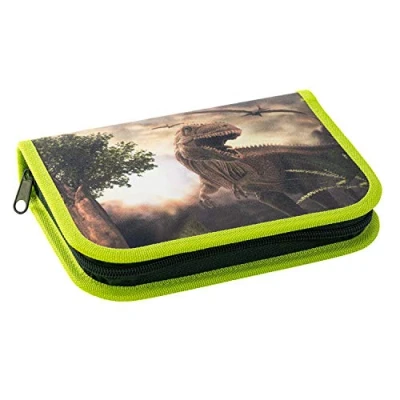 Image of Eberhard Faber 577559 Pencil Case with Dinosaur Motif and Filled 42 Stationery Drawing Accessories, 2 Inner Flaps Zip, for Preschool School