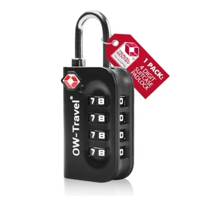 Image of OW Travel Luggage Locks TSA Approved (1 Pack Black) 4 Digit Suitcase Padlocks. Security Backpack Padlock Suitcase, Case Locks, Combination Lock Bag, Gym Locker Padlocks