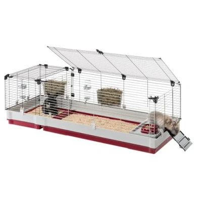 Image of Ferplast rabbit cage KROLIK 160, guinea pig and house, assembly kit. Separate extension through metallic grill, accessories are included, 162 x 60 h 50 cm Bordeaux