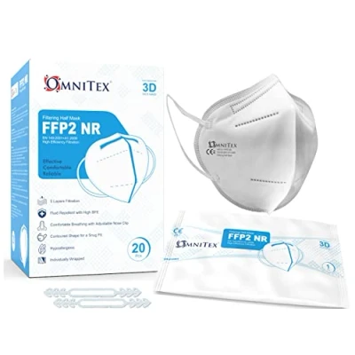 Image of Omnitex FFP2 Face Mask Box of 20, Individually Wrapped High Filtration 5 Layers EN149 CE Certified Hypoallergenic Fluid Resistant Ear Loops &amp; Adaptable Nose Bridge 5X Extenders