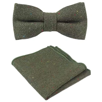 Image of Men&#039;s Luxury Wool Pre tied and Fully Adjustable Bow Tie &amp; Pocket Square Set (Olive Green) suitable for formalwear, office, weddings, parties, grooms groomsmen outfits