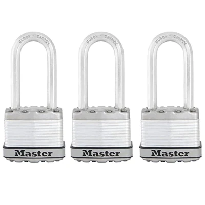 Image of MASTER LOCK Heavy Duty Padlock, Security level 8/10, Outdoor, Keyed, Laminated Steel, Weatherproof, Long Shackle