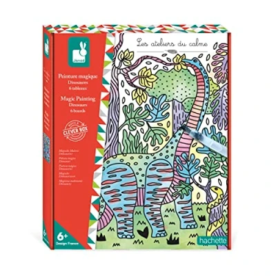 Image of Janod Magic Painting Set Dinosaurs Les Ateliers du Calme Children’s Arts &amp; Crafts Kit 6 Colour Your Own Dinosaur Pictures Fine Motor Skills Concentration Years +, J07873
