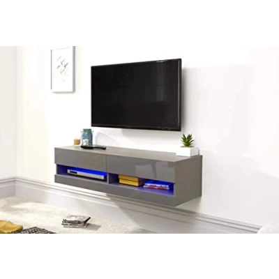Image of GFW Galicia Wall Mounted High Gloss Featuring A LED Downlight, This Floating TV Unit Console &amp; Television Stand for Living Entertainment Room with Storage Shelves, Grey, 120cm