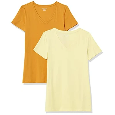 Image of Amazon Essentials Women&#039;s Classic Fit Short Sleeve V Neck T Shirt, Pack of 2, Golden Yellow/Light Yellow, L