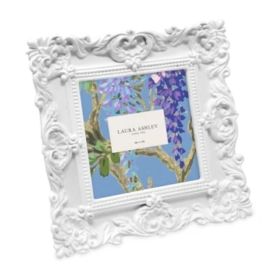 Image of Laura Ashley 4x4 White Ornate Textured Hand Crafted Resin Picture Frame with Easel &amp; Hook for Tabletop Wall Display, Decorative Floral Design Home Décor, Photo Gallery, Art, More (4x4, White)