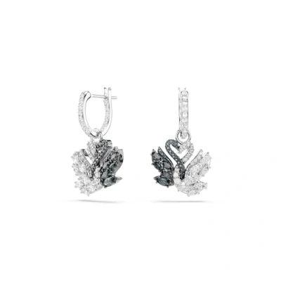 Image of Swarovski Swan drop earrings, Swan, Black, Rhodium plated