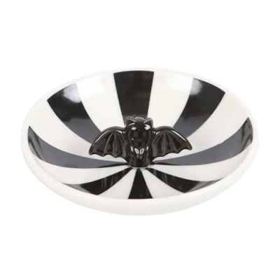 Image of Striped Bat Trinket Dish Quirky Ceramic Tray for Jewelry, Keys, and Small Items Cute Halloween Decor or Gift Lovers Hand painted Design in Black White Stripes