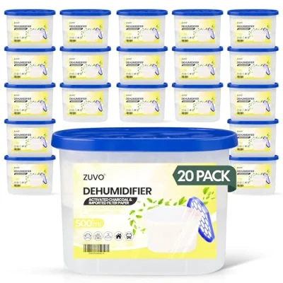 Image of Zuvo Dehumidifier 500ml Moisture Absorber And Closet Helps Absorbs Damp, Mildew, Mould Condensation From Home Office, Strong Disposable Interior Dehumidifiers, (Pack Of 20)