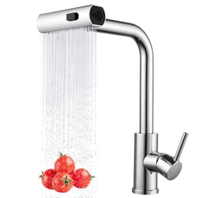 Image of Peppermint Waterfall Kitchen Taps with Pull Out Spray Chrome Mixer 1 Hole Stainless Steel 3 in Sink Tap Single Lever Monobloc Faucet 360 Swivel