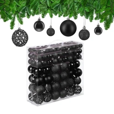 Image of Relaxdays Christmas Baubles Set of 150, Glittering, Matt &amp; Shiny Surfaces, Tree Ornaments, Plastic, ∅ 3, 4 6 cm, Black, 100%, 7 x cm