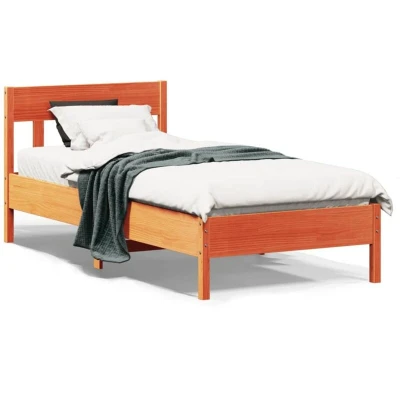 Image of vidaXL Wood Pine Single Bed Frame with Headboard Wax Brown, Solid Construction Plywood Slats, 90x200 cm Mattress Compatibility, for Bedroom