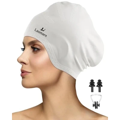 Image of Lasmare Long Hair Swimming Cap Women Men with 3D Ear Protection, Silicone Hat to Keep Dry, Waterproof Adult Bathing Caps Plugs &amp; Nose Clip(White)