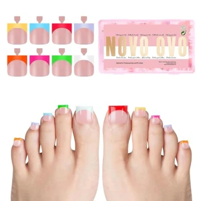 Image of French Tip Toe Nail Tips press on 8 MIXED COLOR, Sharp Square BABY PINK Toenail Extension, Need Builder Gel &amp; Top Coat, no Glue Included, Full Cover Acrylic for DIY x 15 Sizes 240 pcs