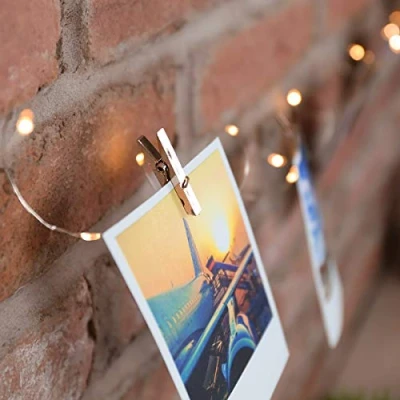 Image of Photo Clip String Lights Battery Operated 2m Silver Wire 20 LED Firefly Peg Lighting (Amber)