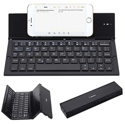Image of Geyes Folding Keyboard, Portable Foldable Bluetooth Wireless Keyboard with Stand Holder, Rechargeable Full Size Ultra Slim Compatible iOS Android Windows Smartphone Tablet and Laptop (Black)
