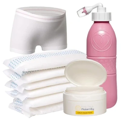 Image of First Days Maternity Hospital Bag and Postpartum Essentials Bundle, Contains 6 Instant Perineal Cold Packs, a Blue Peri Bottle, 1 Tub of 40 Witch Hazel Pads, 4 Pairs Large Pants