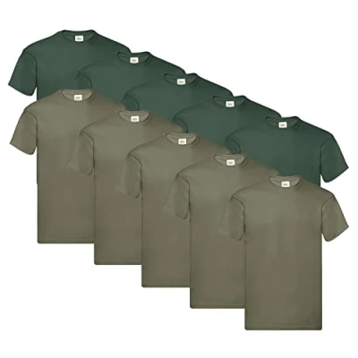 Image of Fruit of the Loom Men&#039;s T Shirt (Pack 10), 5 x bottle green + olive 1 Hl Kauf notepad, XXL