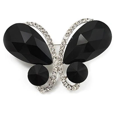 Image of Avalaya Statement Oversized Jet Black Crystal Butterfly Brooch (Silver Tone)