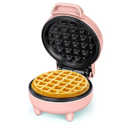 Image of SNAILAR Mini Waffle Maker, 550W Iron, Ready Indicator Light, Non Stick Coating, Cool Touch Handle, Compact Size, Pink