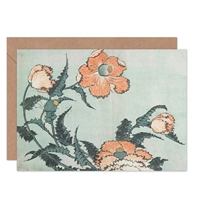 Image of Artery8 Hokusai Poppies Flowers Japenese 1833 Fine Art Greeting Card Plus Envelope Blank Inside