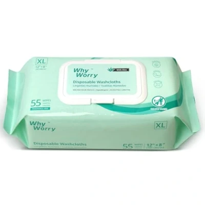 Image of WhyWorry Wet Wipes for Adults, Extra Large 20x30 cm Body Cleaning Elderly Care &amp; Incontinence Cleansing, Thick Adult Washcloths Disposable with Aloe Vitamin E, Unscented, 55 Count