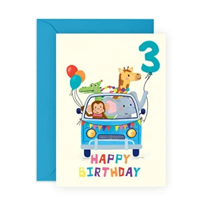 Image of Central 23 Third Birthday Card for Boys BDAY CAR ANIMALS Age 3 Three Year Old Happy 3rd Greeting Kids Son Toddler Comes With Stickers