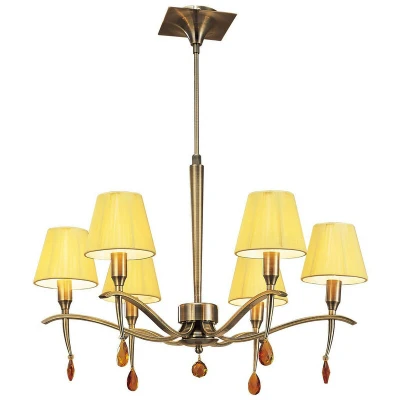Image of Siena Pendant Round 6 Light E14, Antique Brass With Amber Cream Shades And Crystal