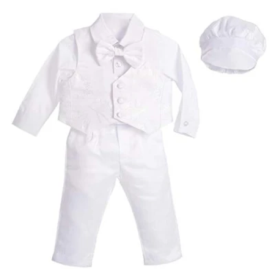 Image of Lito Angels Baby Boys White Suit Christening Clothing Baptism Outfits with Bonnet Long Sleeve Floral Age 3 6 Months