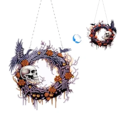 Image of Fiorky Halloween Diamond Art Painting, Skeleton Rhinestone Pendants 5D DIY Painting Wreath Pendant Decor for Garden Window