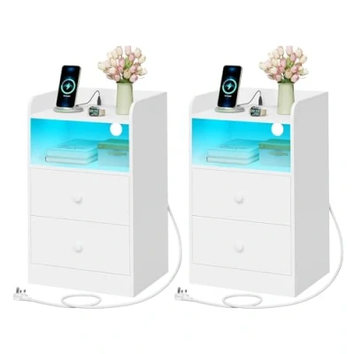 Image of WOLTU Set of 2 Bedside Table with Charging Station &amp; LED Lights, Sockets USB Ports, Cabinet Drawers and 1 Open Compartment, Chest Nightstand for Bedroom, NTS07ws
