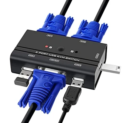 Image of TCNEWCL VGA KVM Switch, 2 Port Switcher Selector for PC Sharing Monitor and 3 USB Devices, Keyboard, Mouse, Printer, with Cables