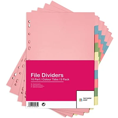 Image of [5 Pack] A4 File Dividers 10 Part Subject Card Folder Multi Hole Punched in Assorted Colours Fit All Portrait