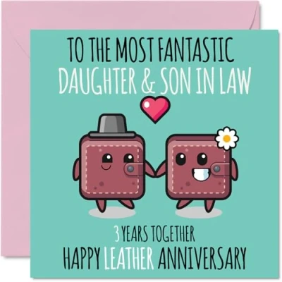 Image of Cute Leather Anniversary Card for Daughter &amp; Son In Law 3 Years Together Happy 3rd Wedding Cards Daughter, 145mm x Greeting Third Anniversaries