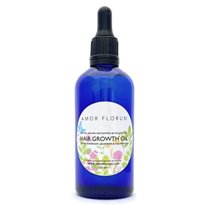 Image of Amor Florum Hair Growth Oil 100% Natural Castor, Argan, Macadamia, Thyme, Rosemary, Lavender, Cedarwood. Promotes Growth. Repairs, Nourishes. 100ml