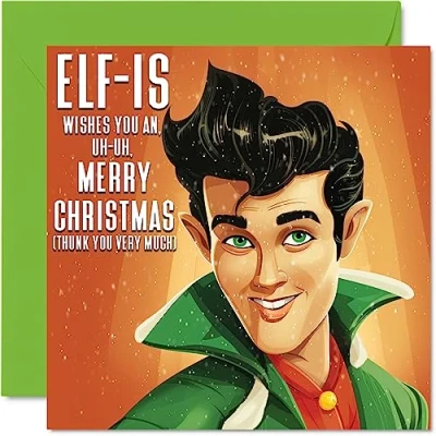 Image of Funny Christmas Cards for Women Men Elf is Merry Xmas Card Sister Brother Cousin Uncle Auntie Mum Dad Nan Grandad, 145mm x Single Greeting Gift