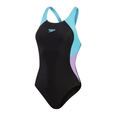 Image of Speedo Womens Colourblock Splice Muscleback Swimsuit, Women&#039;s, Size: 30, Black / sweet purple picton blue