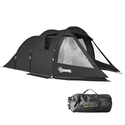 Image of Outsunny 3 4 Man Tunnel Tent, Two Room Camping Tent with Windows and Covers, Portable Carry Bag, for Fishing, Hiking, Sports, Festival Black