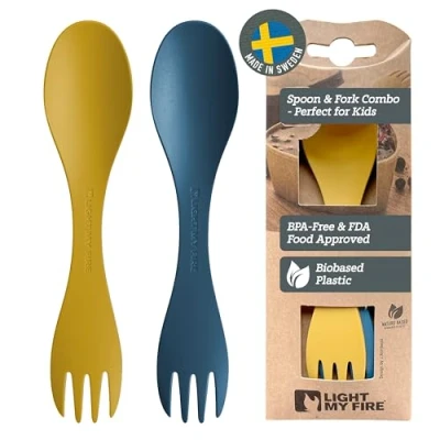 Image of Light My Fire Spork Little 2 in 1 Strong Plastic Cutlery Camping Kids Set 3 Year Old Accessories BPA Free Sporks Reusable Pack MustyYellow/HazyBlue