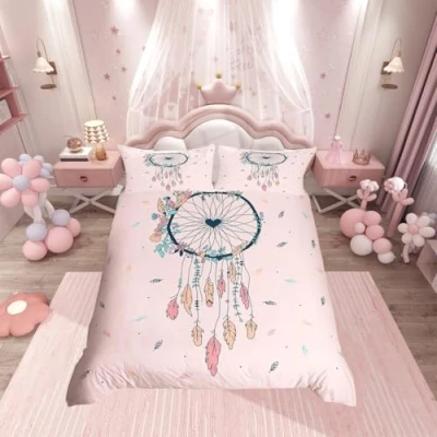 Image of Dreamcatcher Bedding Set Kids Bohemian Comforter Cover for Boys Girls Pink Dream Catcher Duvet Breathable Feather Bedspread Double Size