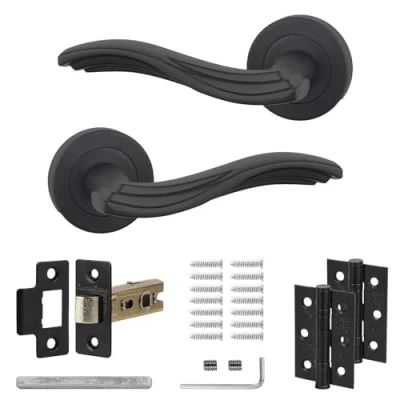 Image of Decoranddecor Solace Matt Black Passage Aluminium Door Lever Handles Latch and Hinge Set