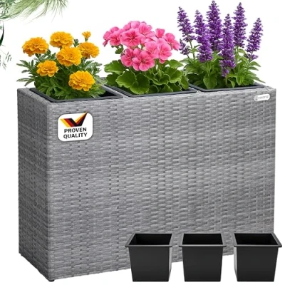 Image of CASARIA® Large Tall Rattan Flower Pot Planter 3 Removable Inner Plant Pots With Water Drain Poly Trough Box Planters Outdoor Garden 83x30.5x60 cm Grey
