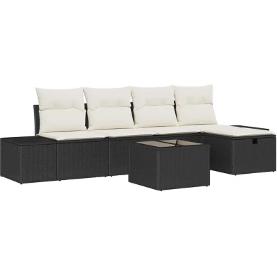 Image of vidaXL 6 Piece Garden Sofa Set with Cushions Black Poly Rattan