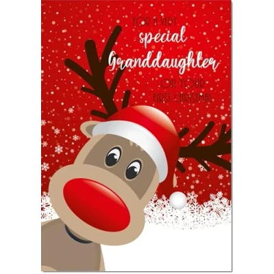 Image of doodlecards Granddaughters 1st First Christmas Card Rudolph in Snow Medium Size for with Plain Envelope