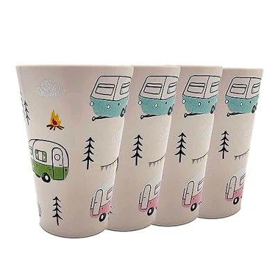 Image of Puckator Wildwood Caravan 4Pc Picnic Cups 450ml Out of Recycled Plastic Bottles Tumblers Reusable Camping Mugs Set 4 Unbreakable Glasses for Kids Adults Glassware