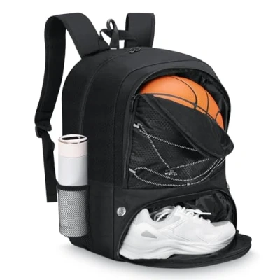 Image of MoKo Basketball Bag Backpack, Football Backpack for Men &amp; Women with Separate Ball and Shoes Compartments, Water Resistant, Equipment Clothes, Shoes, Tablets, Black